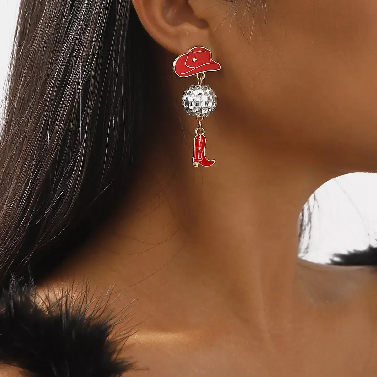 Asymmetrical Cowgirl Boot Hat Ball Dangle Earrings - Trendsi - Flyclothing LLC
