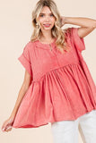 Mittoshop Mixed Media Mineral Wash Babydoll Short Sleeve Blouse - Trendsi