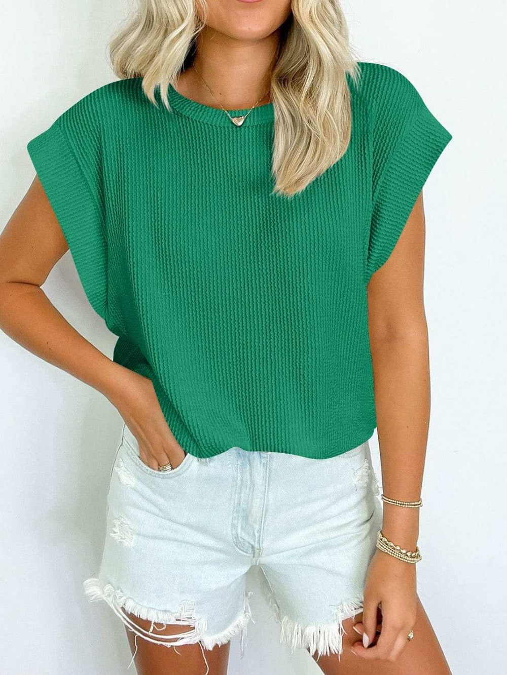 Textured Round Neck Cap Sleeve Blouse - Trendsi - Flyclothing LLC