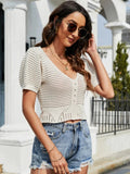 Openwork V-Neck Short Sleeve Knit Top - Trendsi