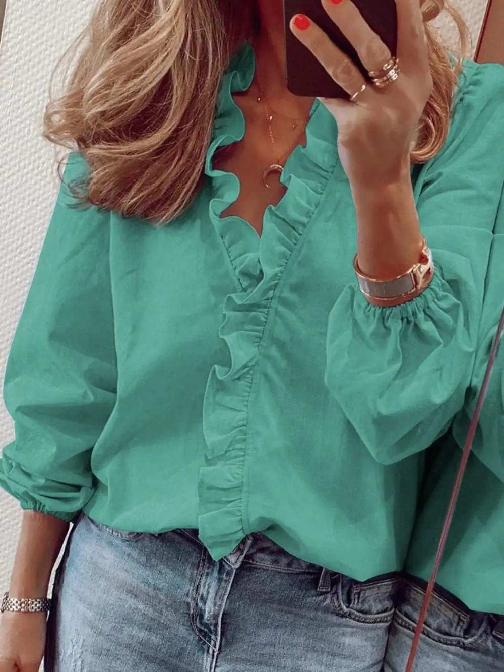 Full Size Ruffled V-Neck Long Sleeve Blouse - Trendsi - Flyclothing LLC
