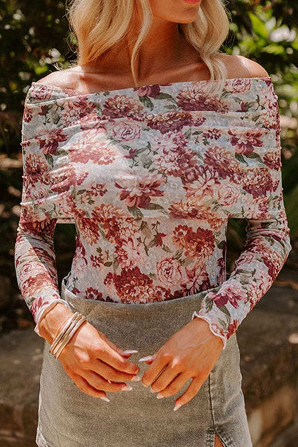 Floral Off-Shoulder Long Sleeve Bodysuit - Trendsi - Flyclothing LLC