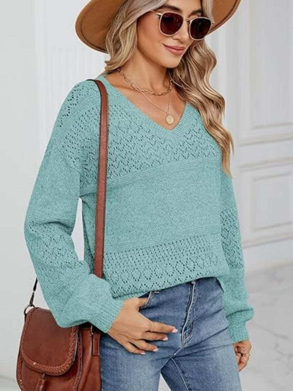 Eyelet V-Neck Long Sleeve Sweater - Trendsi - Flyclothing LLC
