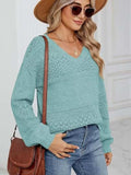 Eyelet V-Neck Long Sleeve Sweater - Trendsi - Flyclothing LLC