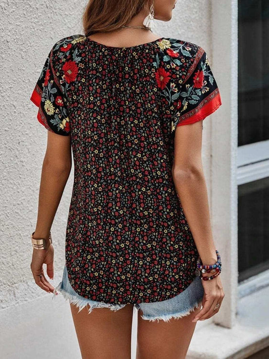 Printed Tie Neck Short Sleeve Blouse - Trendsi - Flyclothing LLC