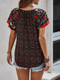 Printed Tie Neck Short Sleeve Blouse - Trendsi