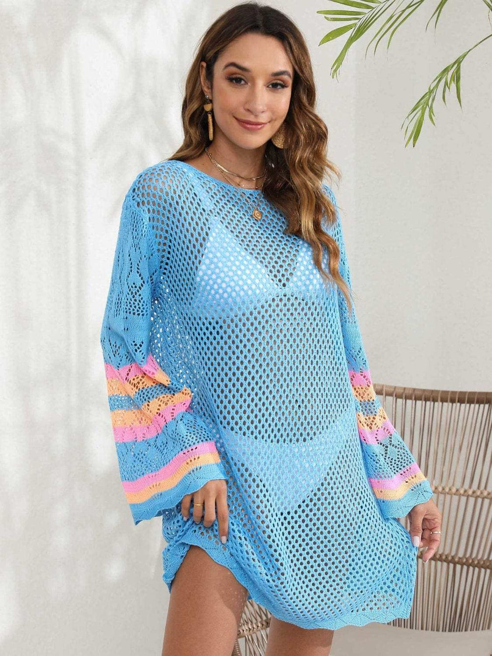 Openwork Contrast Long Sleeve Cover-Up - Trendsi - Flyclothing LLC