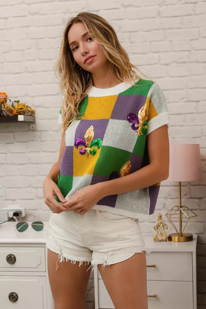 BiBi Sequin Embroidery Mardi Gras Checker Sweater Top - Trendsi - Flyclothing LLC