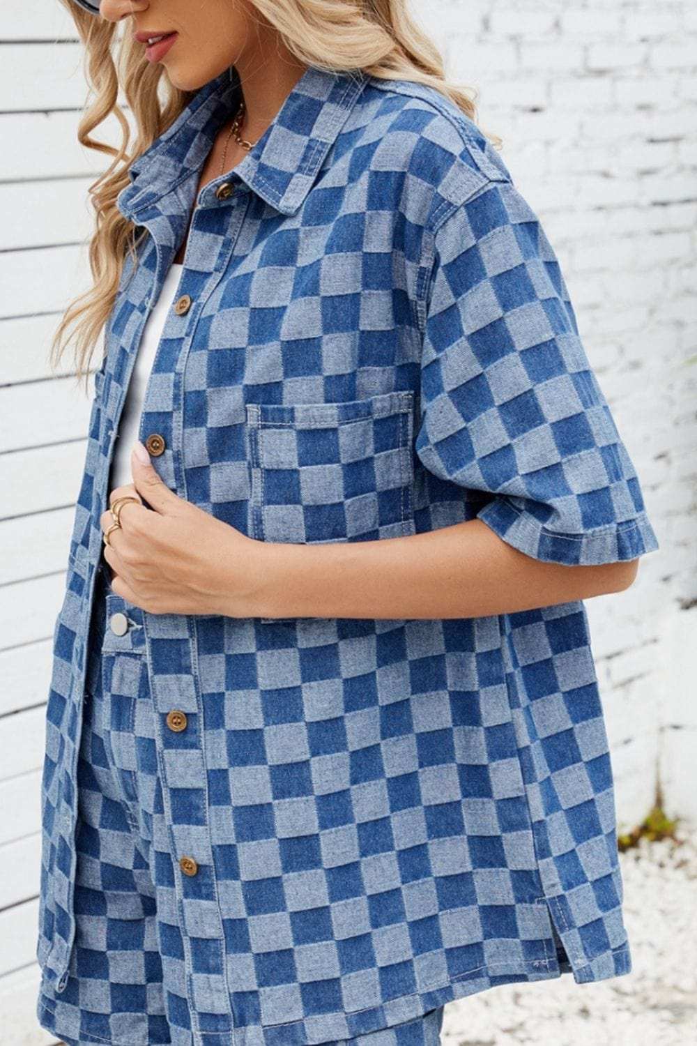 Button Down Checkered Denim Shirt - Trendsi - Flyclothing LLC