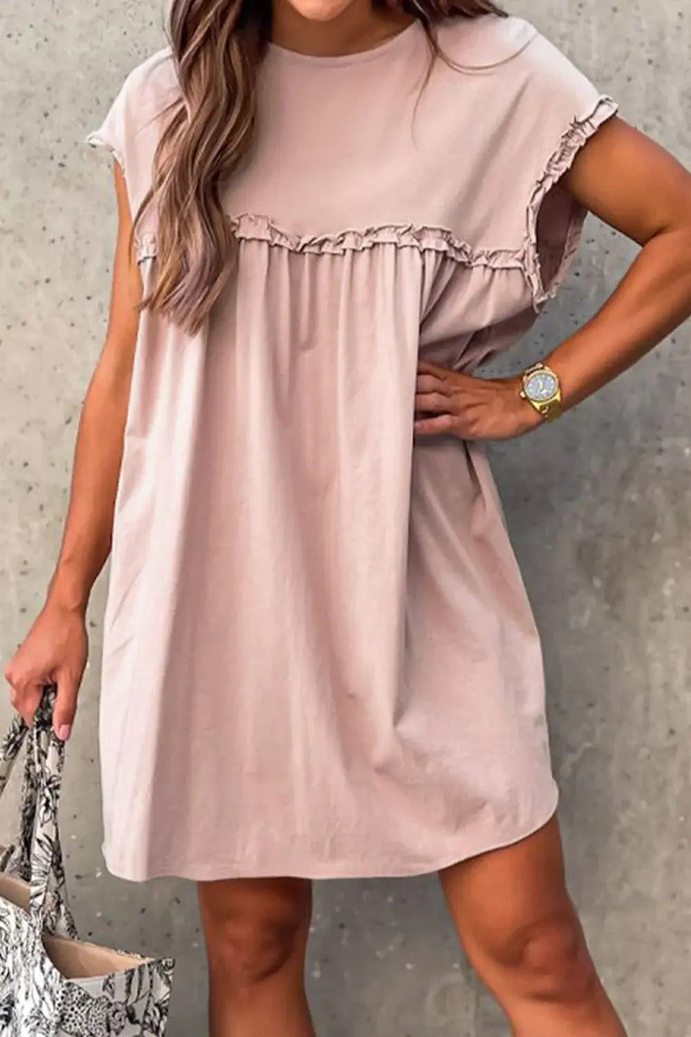 Frilled Trim Crew Neck Cap Sleeve Loose Fit Mini Dress - Trendsi - Flyclothing LLC