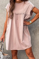 Frilled Trim Crew Neck Cap Sleeve Loose Fit Mini Dress - Trendsi - Flyclothing LLC