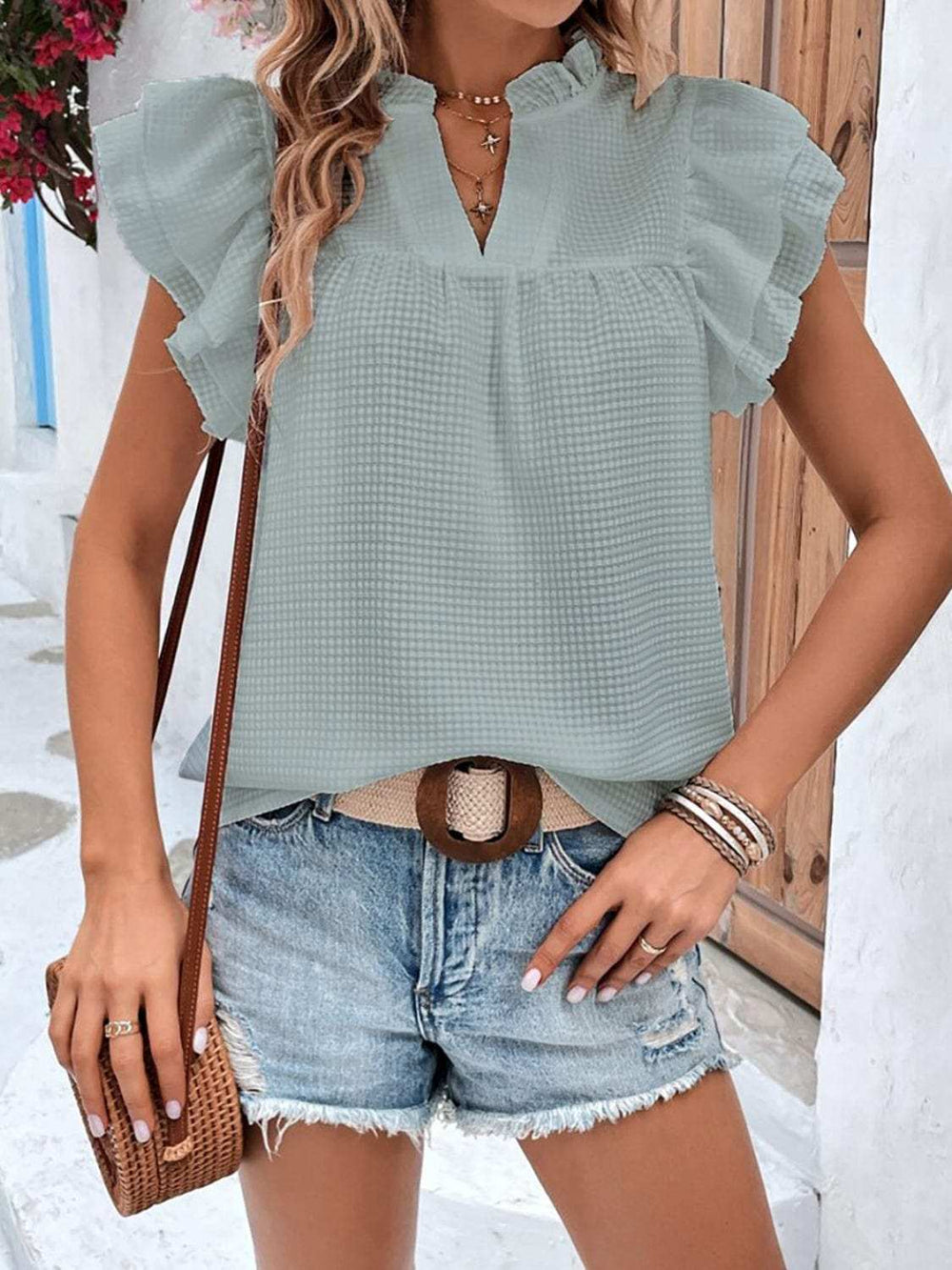 Ruffled Notched Cap Sleeve Blouse - Trendsi - Flyclothing LLC