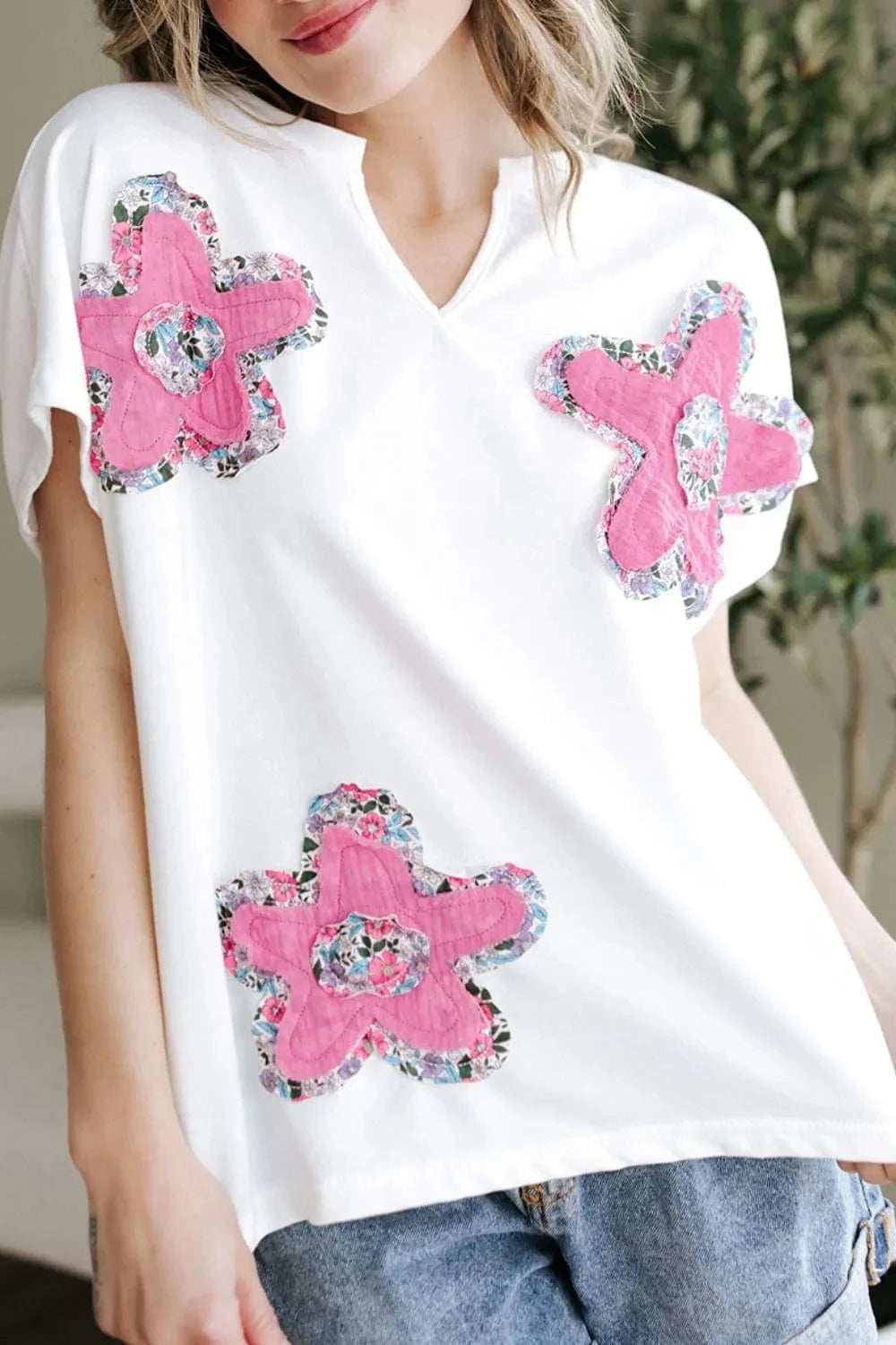 Floral Applique Notched Dolman Sleeve Top - Trendsi - Flyclothing LLC