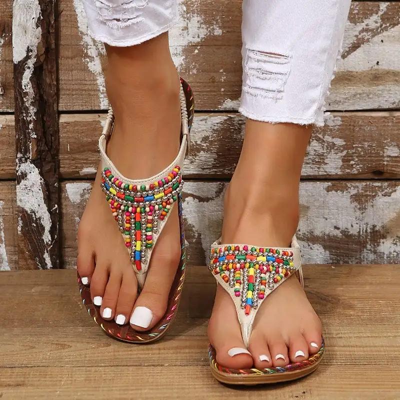 PU Leather Beaded Flat Sandals - Trendsi