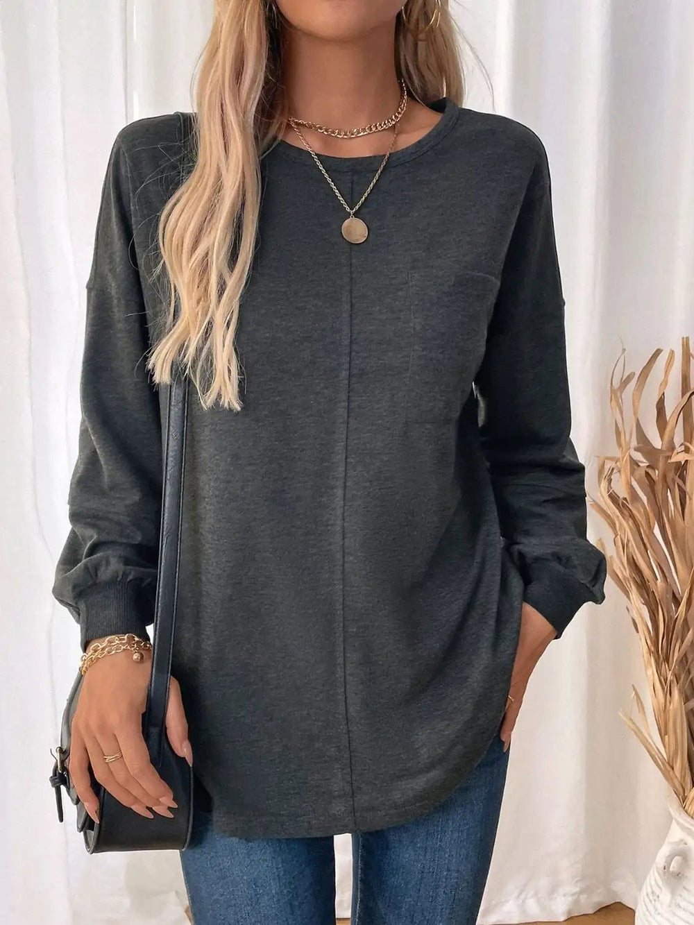 Perfee Pocketed Round Neck Long Sleeve Sweatshirt - Trendsi