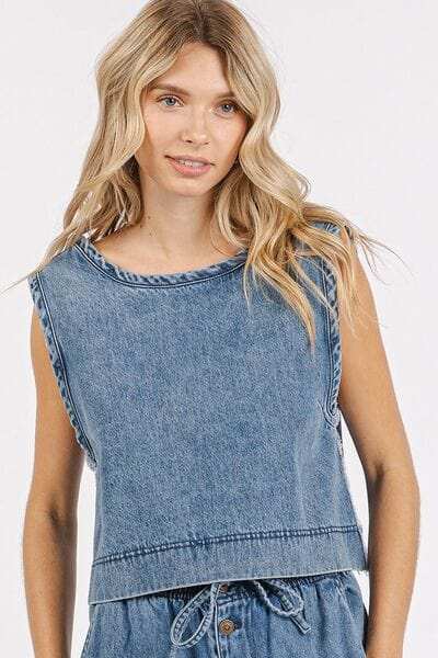 Mittoshop Washed Denim Distressed Detail Crop Tank - Trendsi - Flyclothing LLC