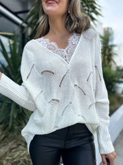 Lace Detail Openwork V-Neck Long Sleeve Sweater - Trendsi