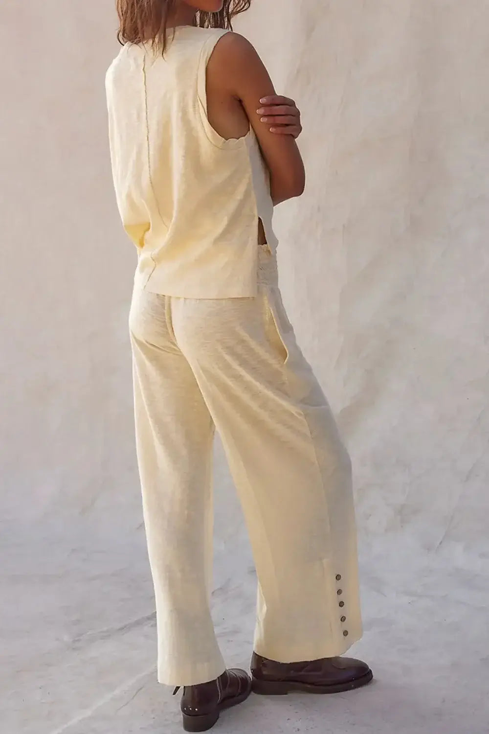 Solid Color Tank Top and Smocked Waist Pants Set - Trendsi - Flyclothing LLC