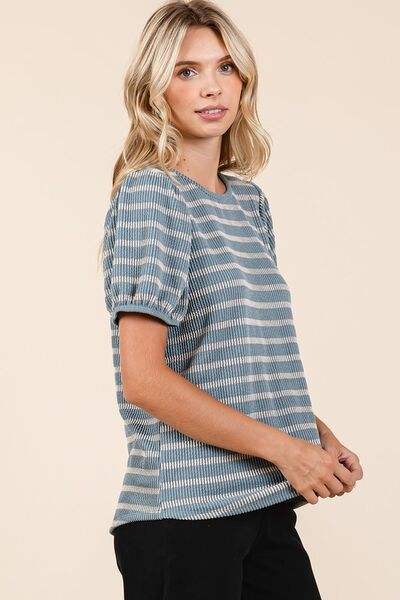 Mittoshop Contrast Striped Short Puff Sleeve Knit Top - Trendsi - Flyclothing LLC