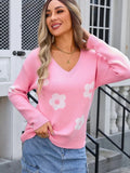 Flower V-Neck Long Sleeve Sweater - Trendsi