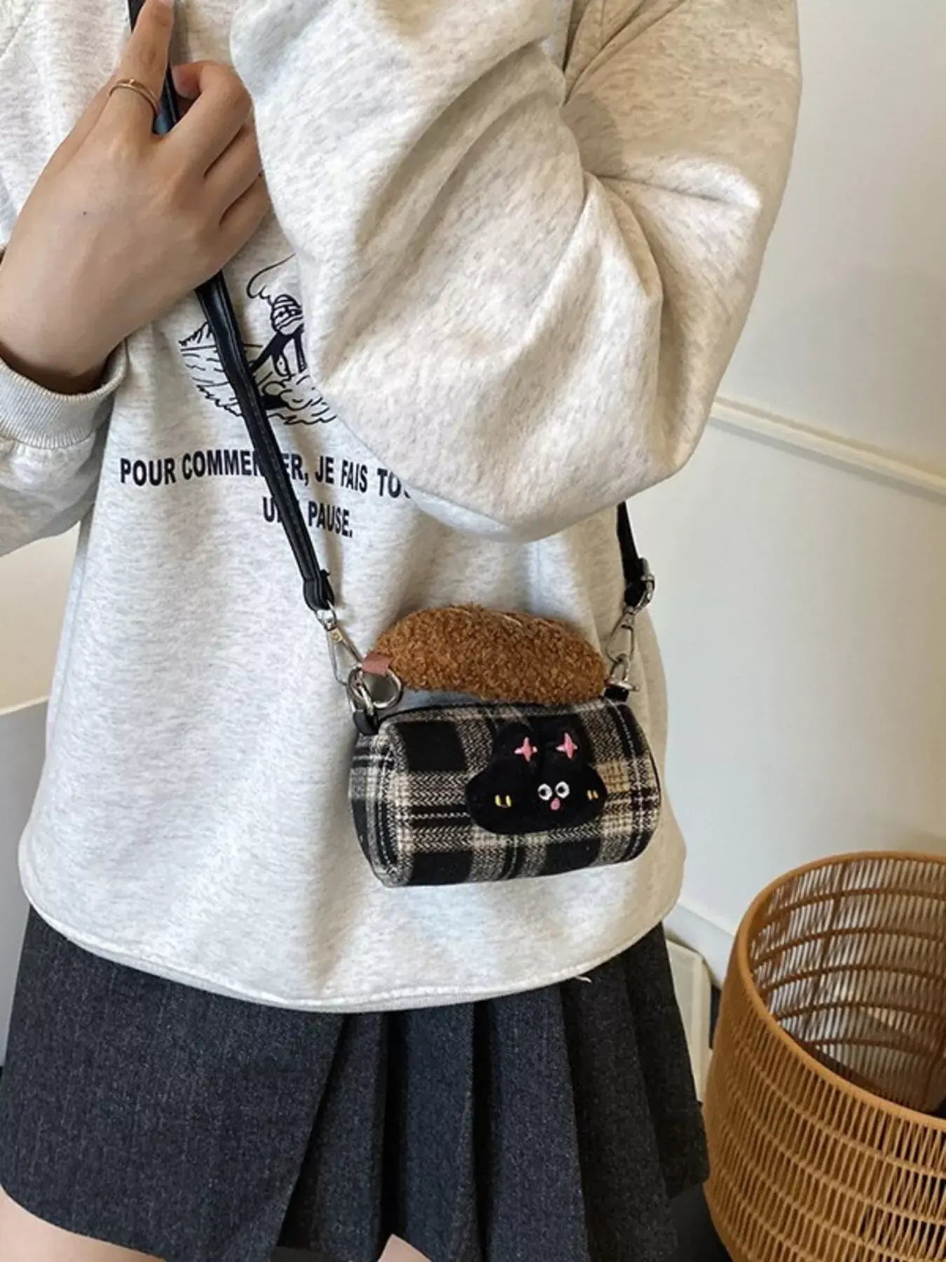 Plaid Pattern Plush Trim Crossbody Bag - Trendsi - Flyclothing LLC