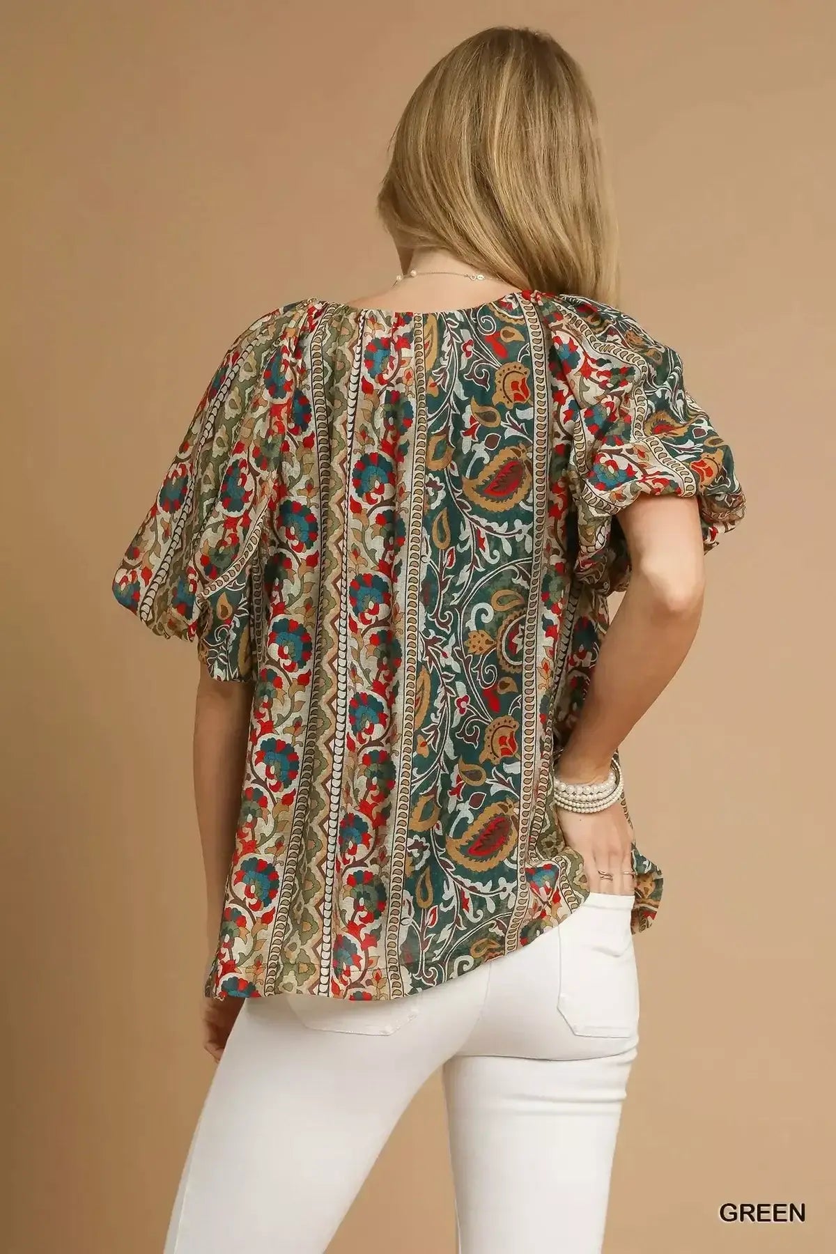 Umgee Boho Floral Stripe Puff Sleeve Blouse - Trendsi - Flyclothing LLC