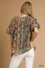 Umgee Boho Floral Stripe Puff Sleeve Blouse - Trendsi - Flyclothing LLC