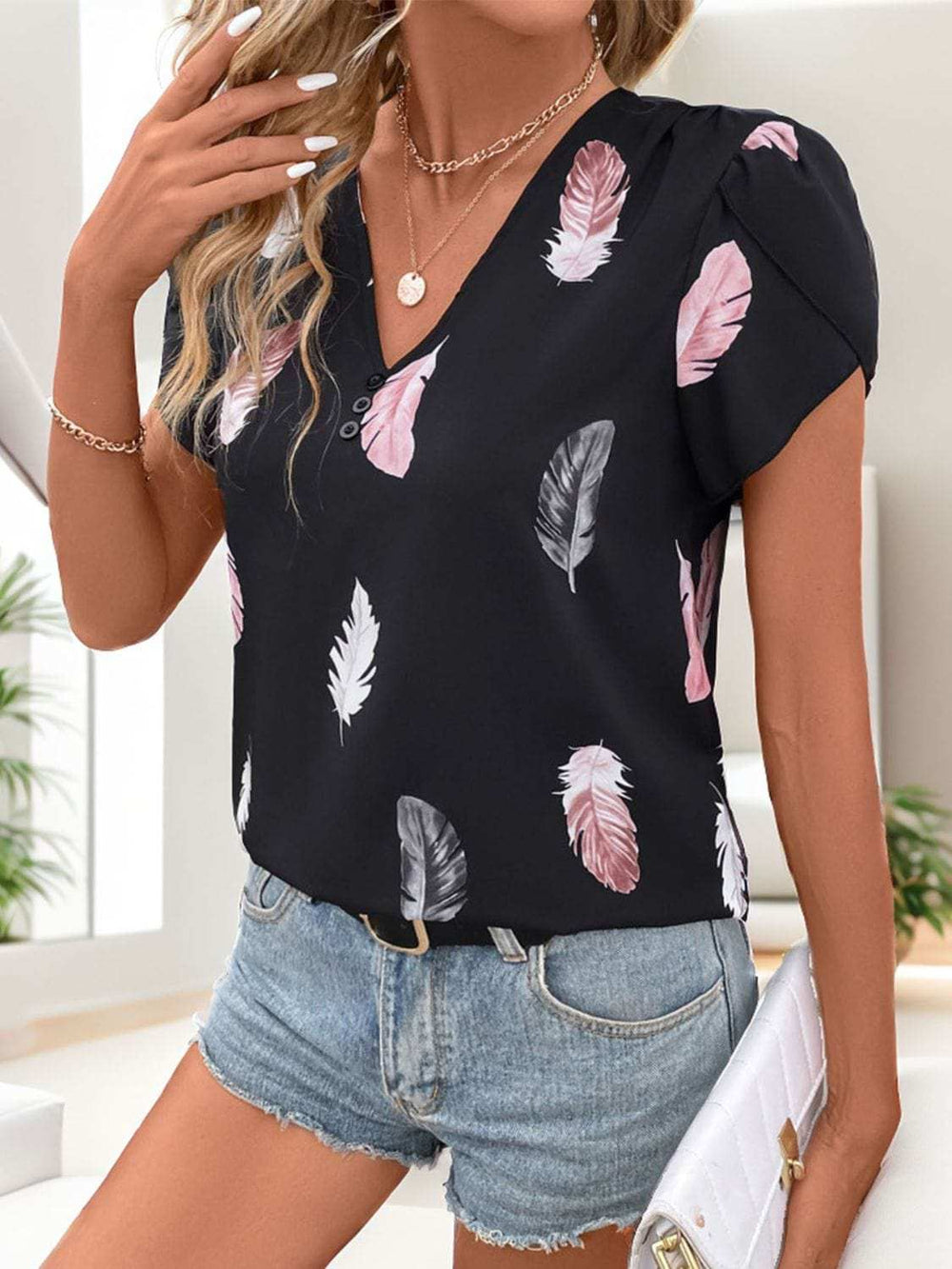 Printed V-Neck Short Sleeve Blouse - Trendsi - Flyclothing LLC