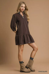 Umgee French Terry Ruffle Hem Dress with Plaid Trim - Trendsi - Flyclothing LLC