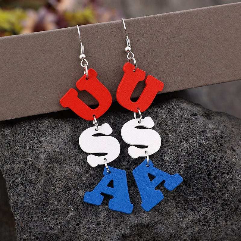 USA Wooden Letter Dangle Earrings - Trendsi - Flyclothing LLC