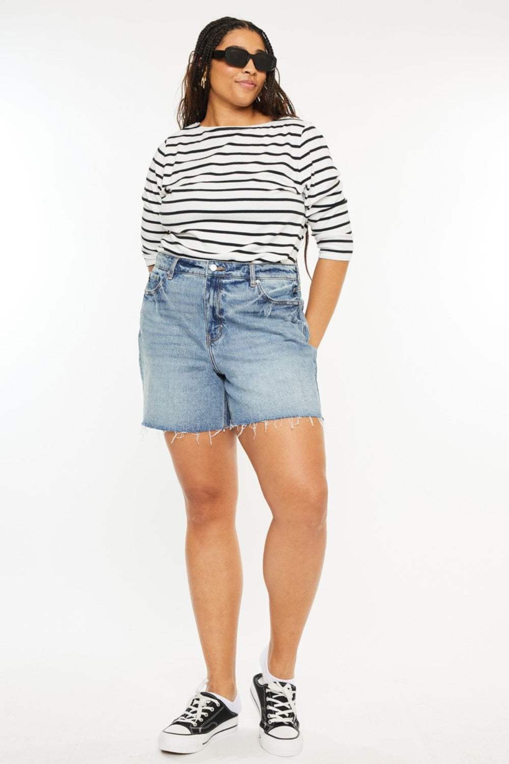 Kancan Full Size Raw Hem High Waist Denim Shorts - Trendsi - Flyclothing LLC