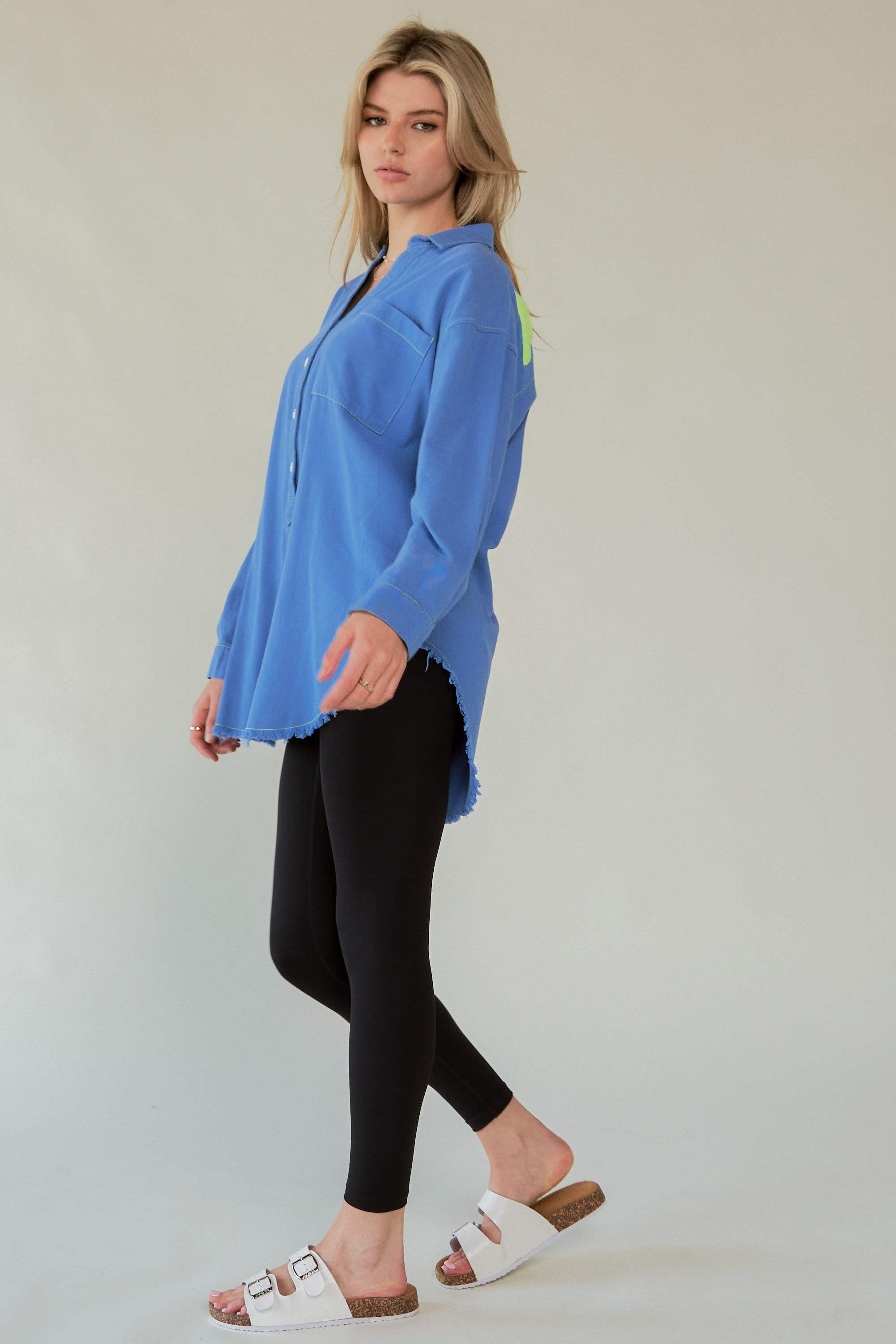 Davi & Dani Letter Back Raw Hem Half Button Shirt - Trendsi - Flyclothing LLC
