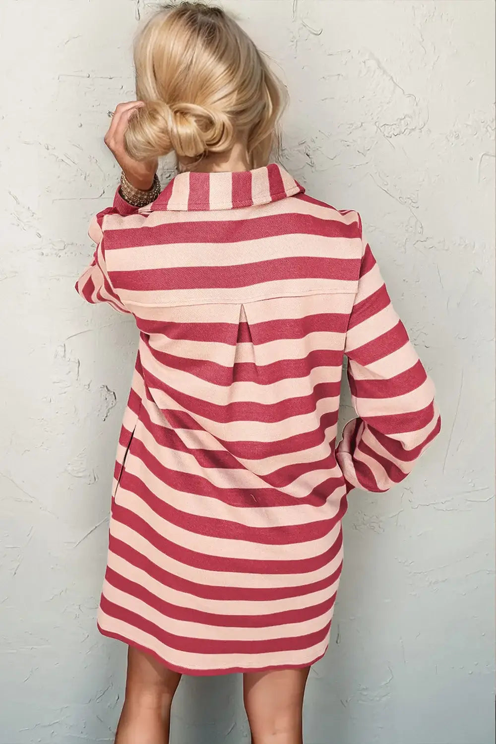 Double Take Full Size Striped Contrast Collared Neck Long Sleeve Dress - Trendsi - Flyclothing LLC