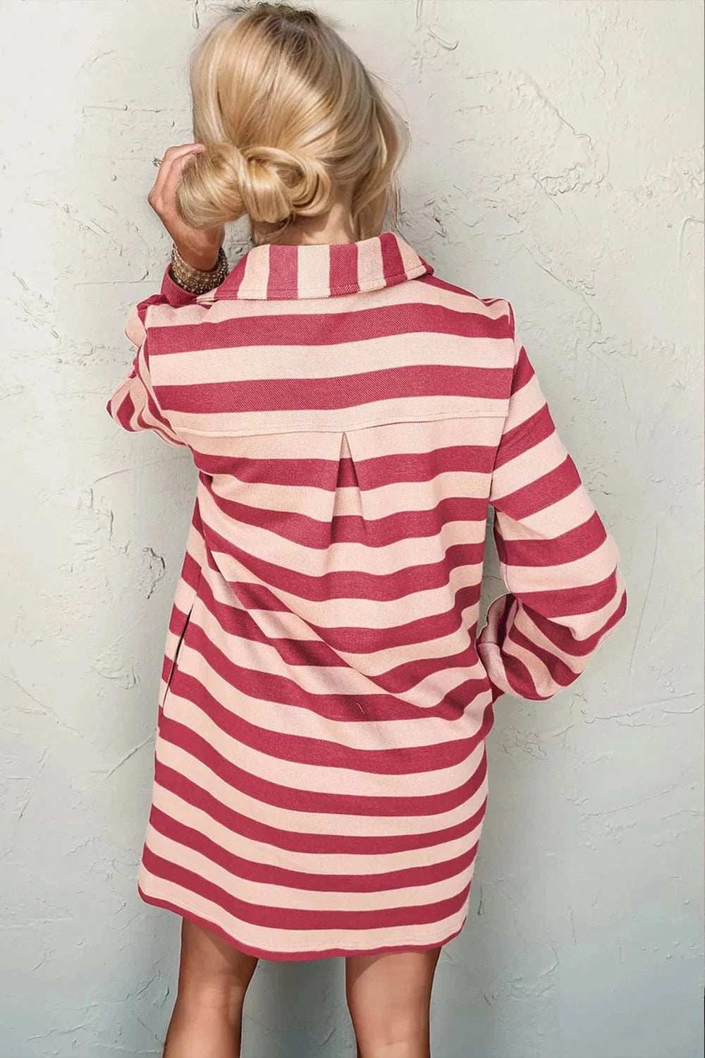 Double Take Full Size Striped Contrast Collared Neck Long Sleeve Dress - Trendsi - Flyclothing LLC
