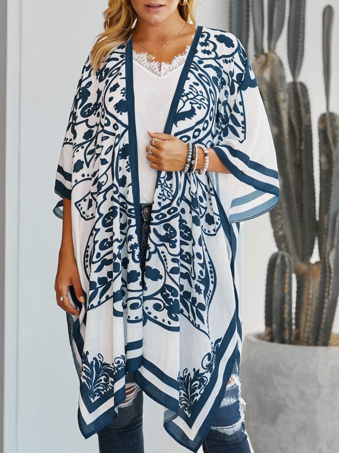 Printed Open Front Cover-Up - Trendsi - Flyclothing LLC