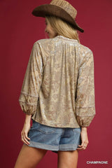 Umgee Floral Velvet Blouse with Balloon Sleeves - Trendsi - Flyclothing LLC