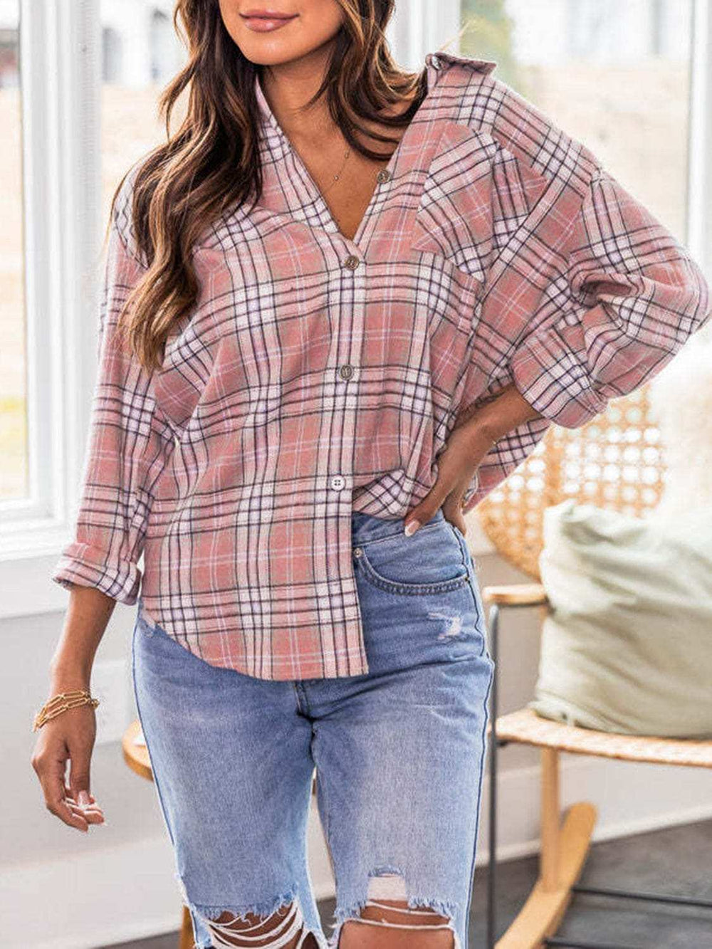Plaid Collared Neck Long Sleeve Shirt - Trendsi - Flyclothing LLC