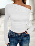 Ruched One Shoulder Long Sleeve T-Shirt - Trendsi - Flyclothing LLC