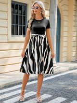 Printed Tie Waist Short Sleeve Dress - Trendsi - Flyclothing LLC