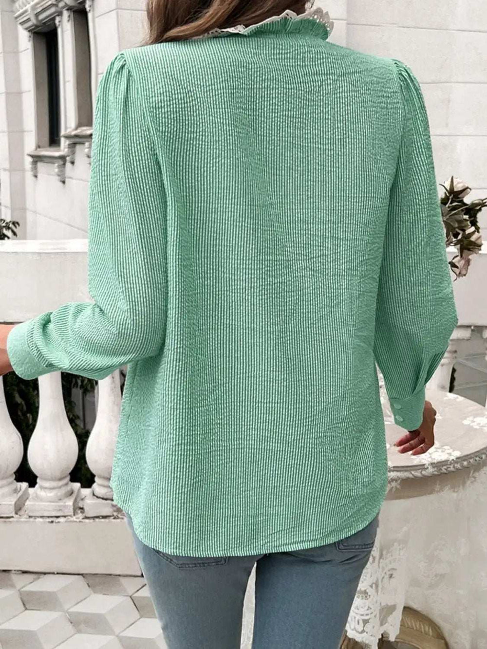 Lace Detail Ruffled Round Neck Long Sleeve Shirt - Trendsi - Flyclothing LLC