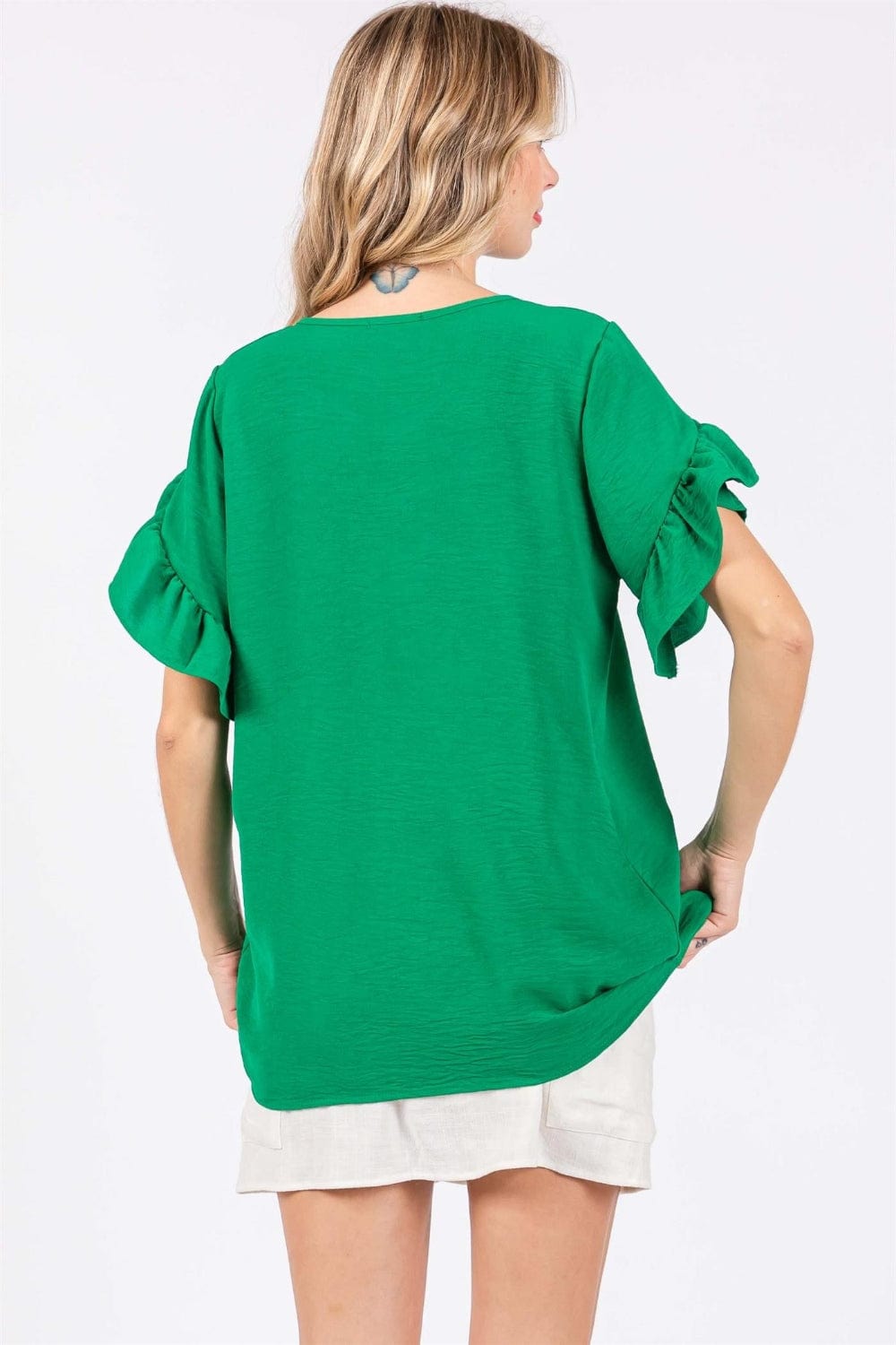 GeeGee Ruffled Short Sleeve V-Neck Blouse - Trendsi