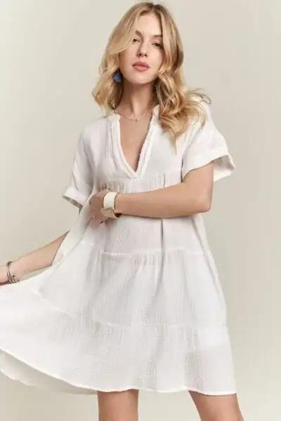 ADORA Tiered Notched Short Sleeve Dress - Trendsi