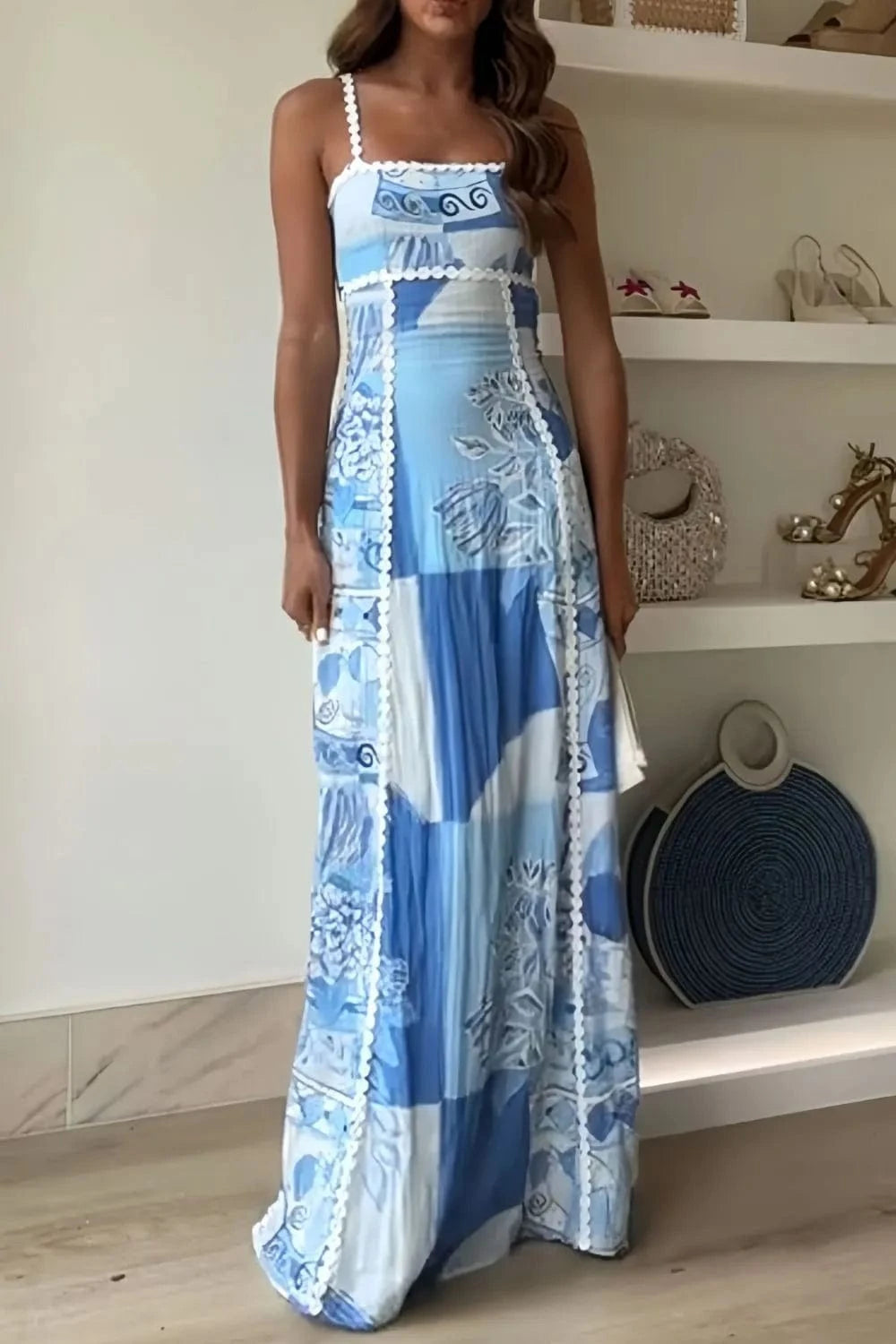 Cutout Back Printed Square Neck Maxi Dress - Trendsi