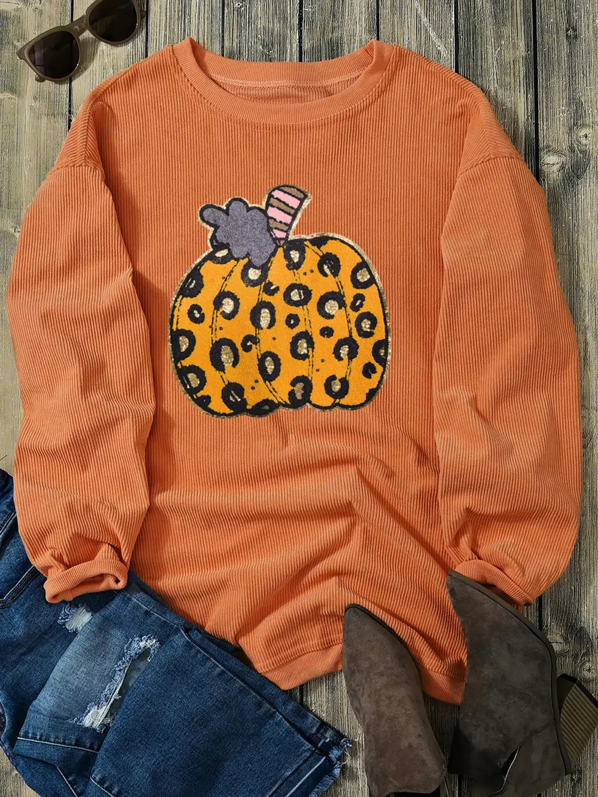 Halloween Leopard Pumpkin Patchwork Ribbed Sweatshirt - Trendsi - Flyclothing LLC