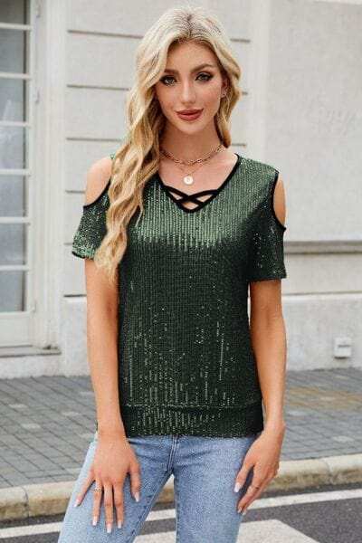 Sequin Cold Shoulder Short Sleeve Blouse - Trendsi - Flyclothing LLC