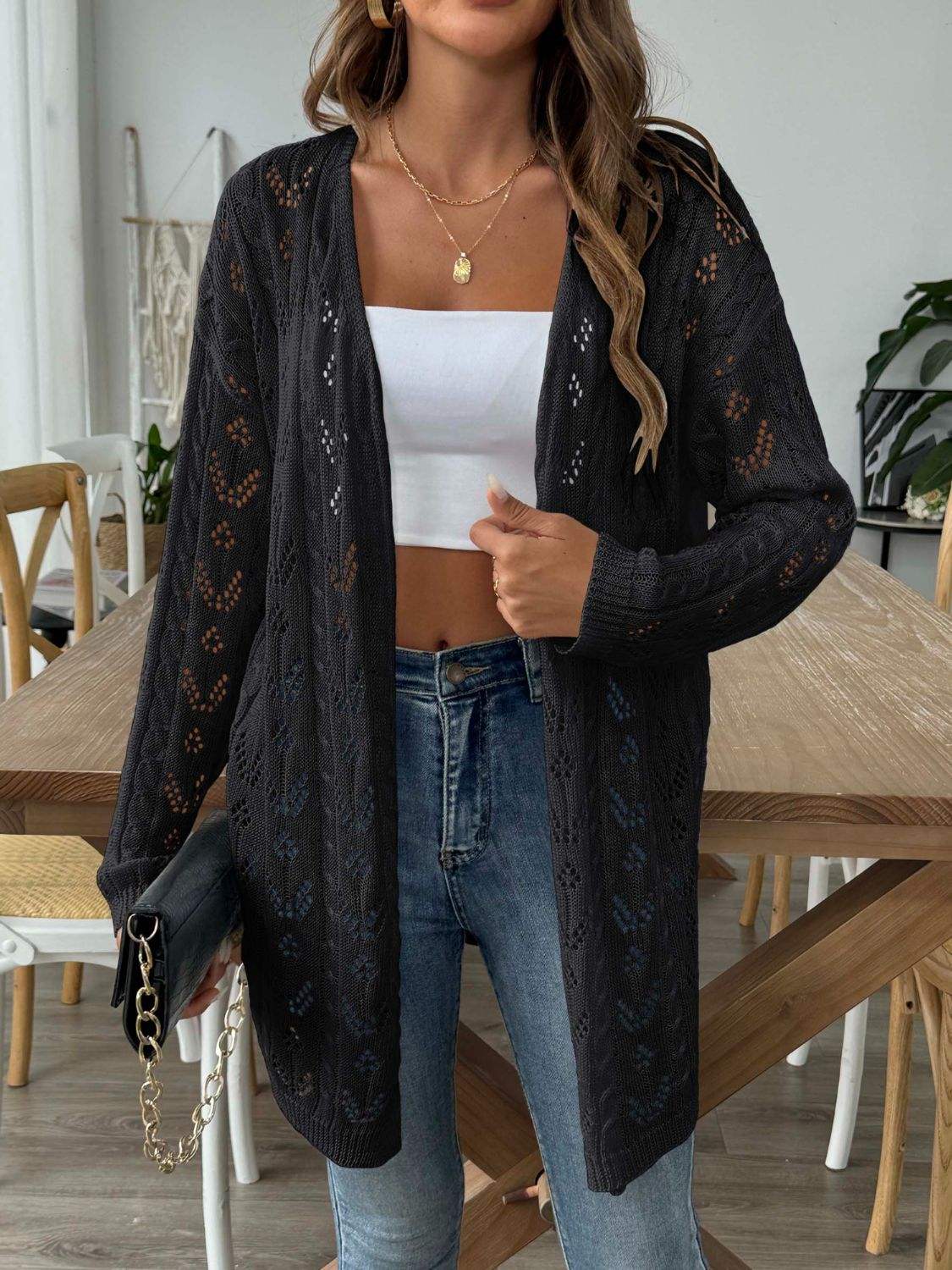 Openwork Open Front Long Sleeve Cardigan - Trendsi - Flyclothing LLC