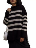 Side Slit Striped Oversized Knit Sweater - Trendsi - Flyclothing LLC