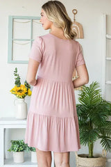 Heimish Full Size Solid Mini Tiered Dress with Pompom Lace Plus Size - Trendsi - Flyclothing LLC