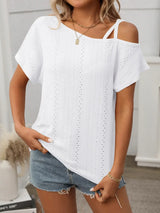 Eyelet Asymmetrical Shoulder Short Sleeve T-Shirt - Trendsi - Flyclothing LLC