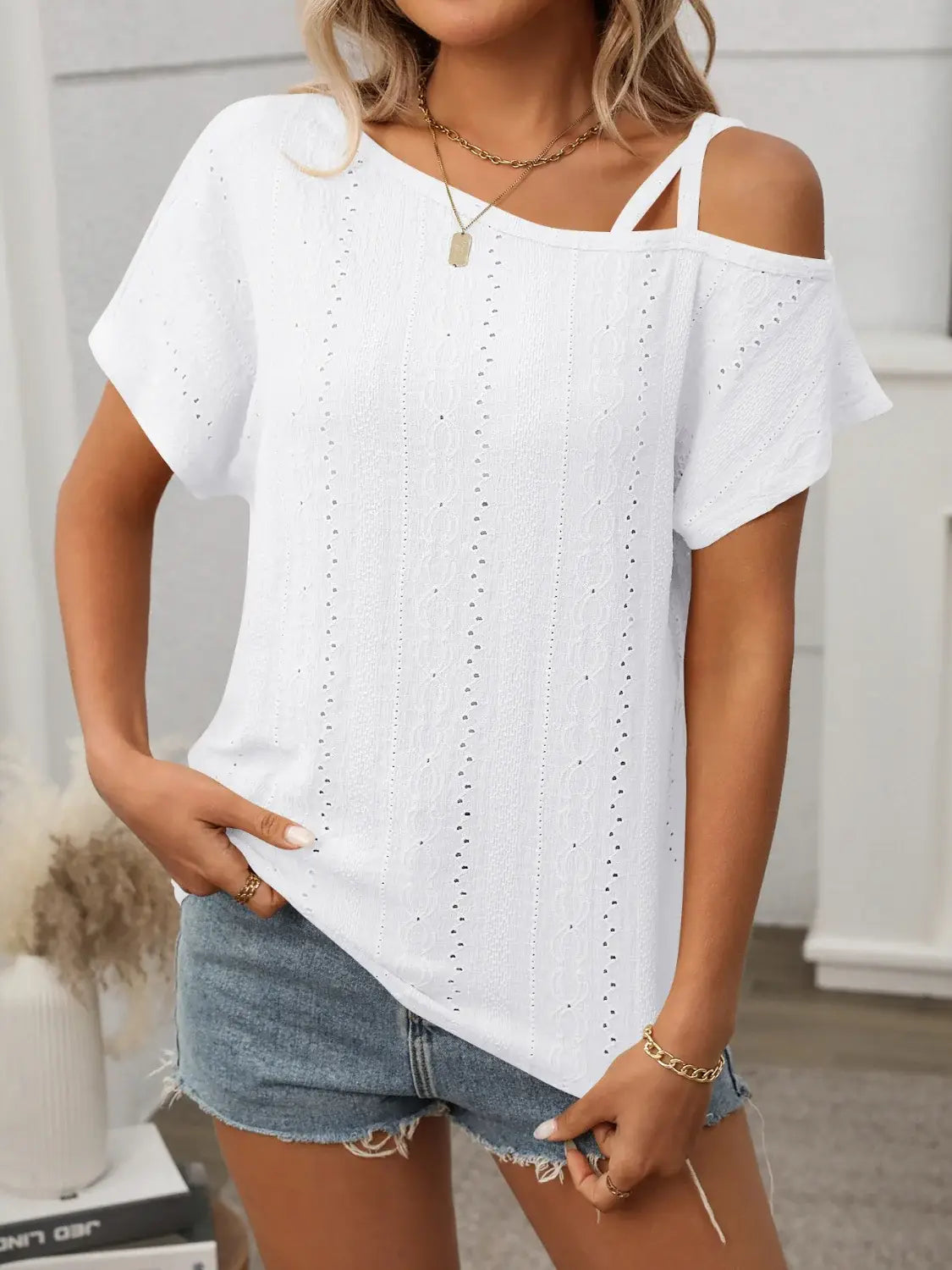 Eyelet Asymmetrical Shoulder Short Sleeve T-Shirt - Trendsi - Flyclothing LLC